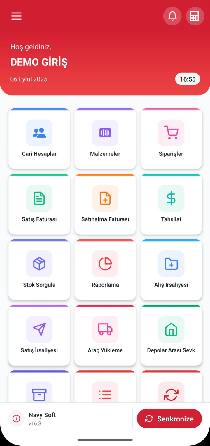 Uygulama ana menüsü — Cari hesap, malzeme, sipariş, fatura, tahsilat ve depo işlemlerine erişim.