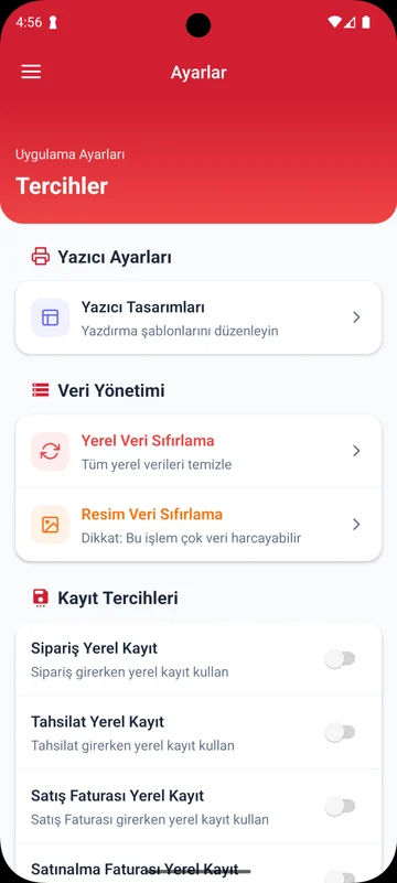 Uygulama ayarları — Yazıcı tasarımları, veri yönetimi ve işlem bazında yerel kayıt tercihleri.