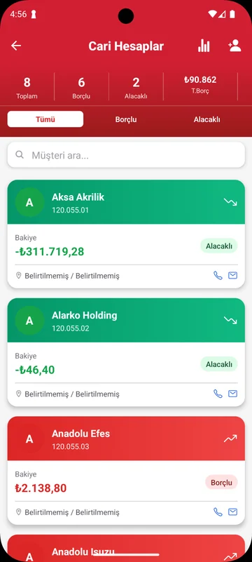 Cari hesaplar — Borçlu ve alacaklı filtreleriyle cari hesap ve bakiye görünümü.