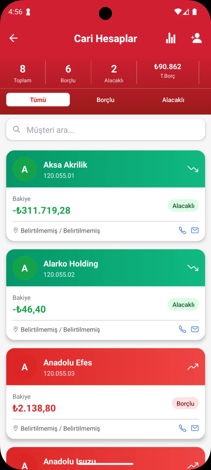 Cari hesaplar — Borçlu ve alacaklı filtreleriyle cari hesap ve bakiye görünümü.