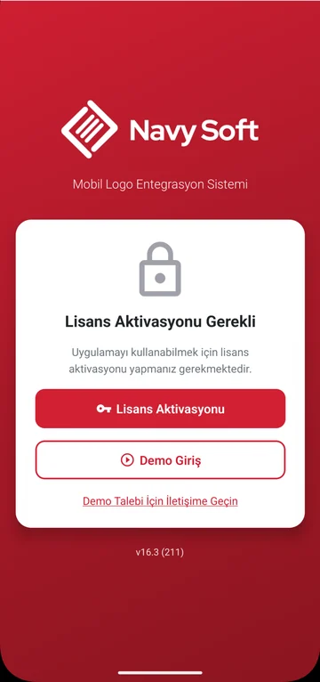 Lisans ve demo girişi — Navy Soft uygulamasının lisans aktivasyonu ve demo giriş ekranı.