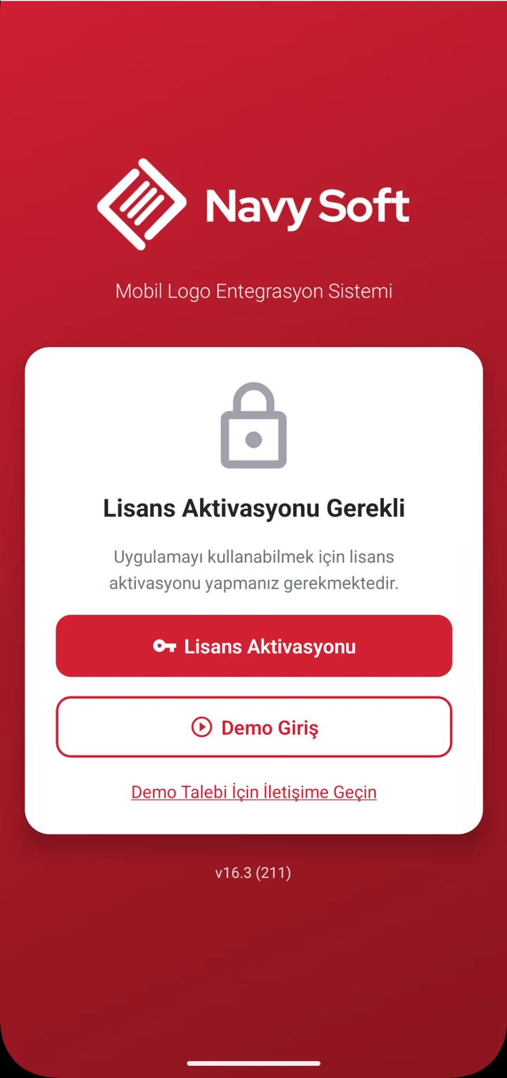 Lisans ve demo girişi — Navy Soft uygulamasının lisans aktivasyonu ve demo giriş ekranı.