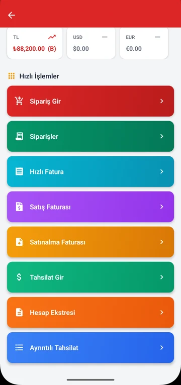 Müşteri hızlı işlemleri — Sipariş, fatura, tahsilat ve hesap ekstresi işlemlerine tek ekrandan erişim.