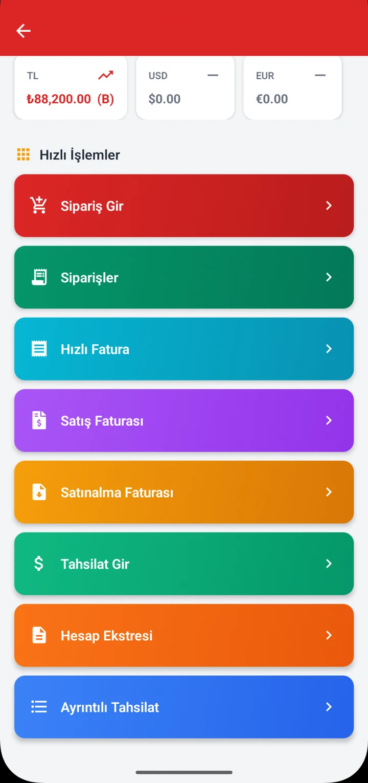 Müşteri hızlı işlemleri — Sipariş, fatura, tahsilat ve hesap ekstresi işlemlerine tek ekrandan erişim.