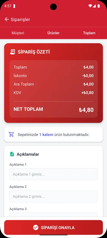 Sipariş özeti ve onay — İskonto, ara toplam, KDV, net toplam ve açıklamalarla sipariş onayı.