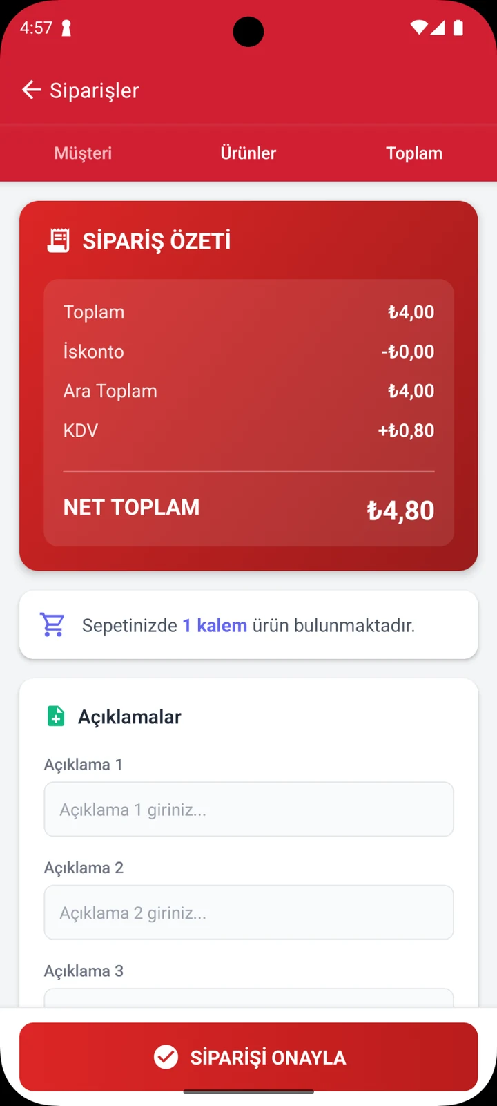 Sipariş özeti ve onay — İskonto, ara toplam, KDV, net toplam ve açıklamalarla sipariş onayı.