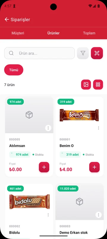 Siparişe ürün seçimi — Görselli ürün kataloğu, arama, stok bilgisi ve sepete ekleme.