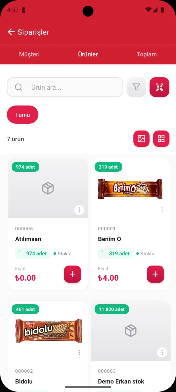 Siparişe ürün seçimi — Görselli ürün kataloğu, arama, stok bilgisi ve sepete ekleme.