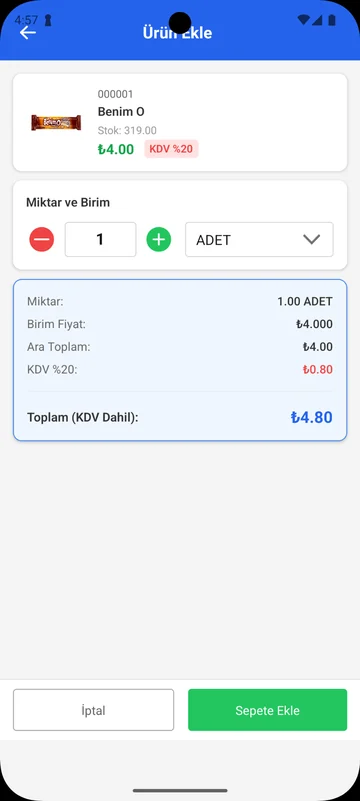 Miktar ve birim seçimi — Miktar, birim, birim fiyat, KDV ve satır toplamı görünümü.