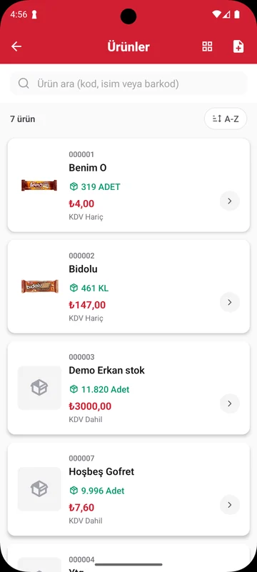 Ürünler ve stok — Ürün görselleri, kodları, stok miktarları, fiyat ve KDV bilgileri.
