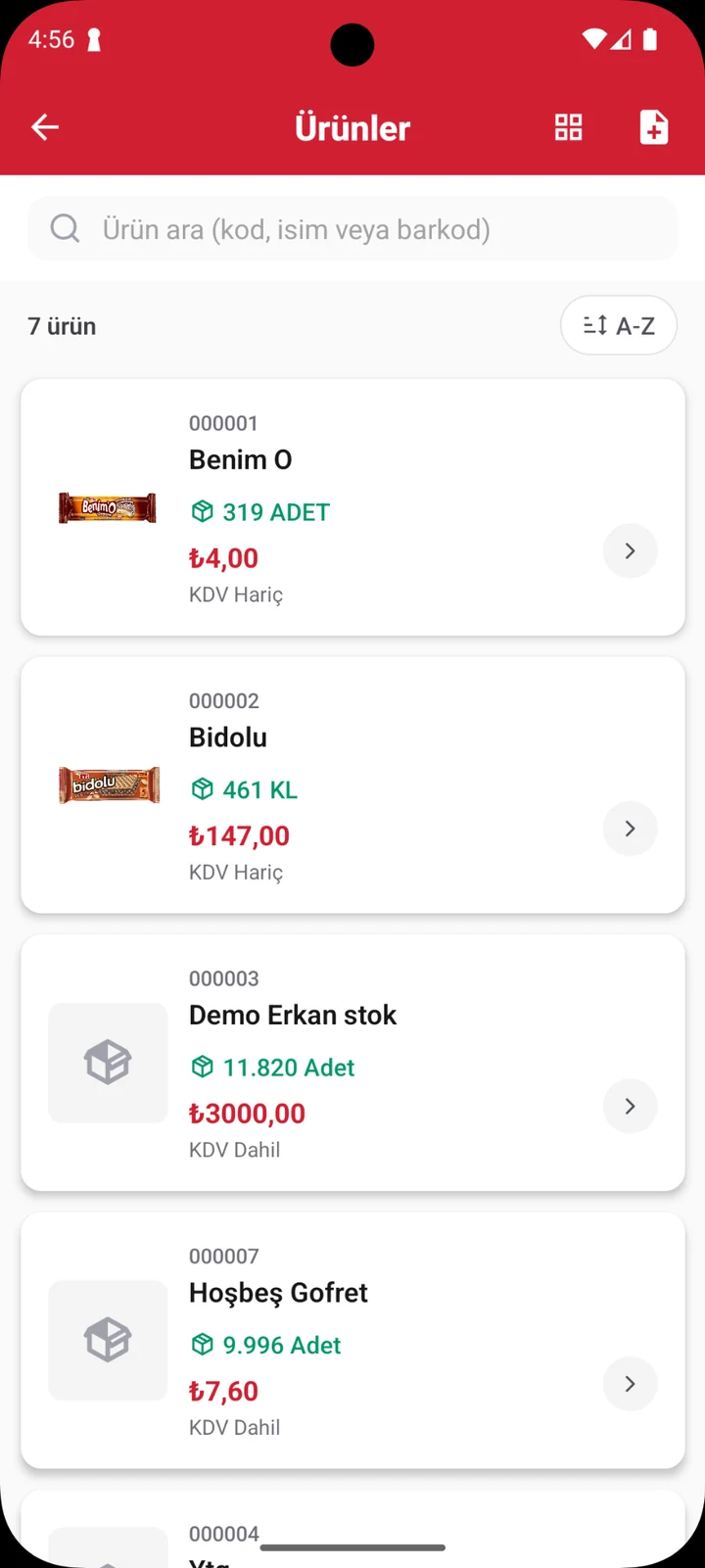 Ürünler ve stok — Ürün görselleri, kodları, stok miktarları, fiyat ve KDV bilgileri.