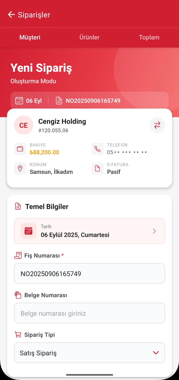 Yeni sipariş — Müşteri seçimi, tarih, fiş ve belge numarası ile sipariş başlangıcı.